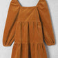 Square Neck Long Sleeve Tiered Dress