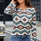 Printed Notched Neck Long Sleeve Top
