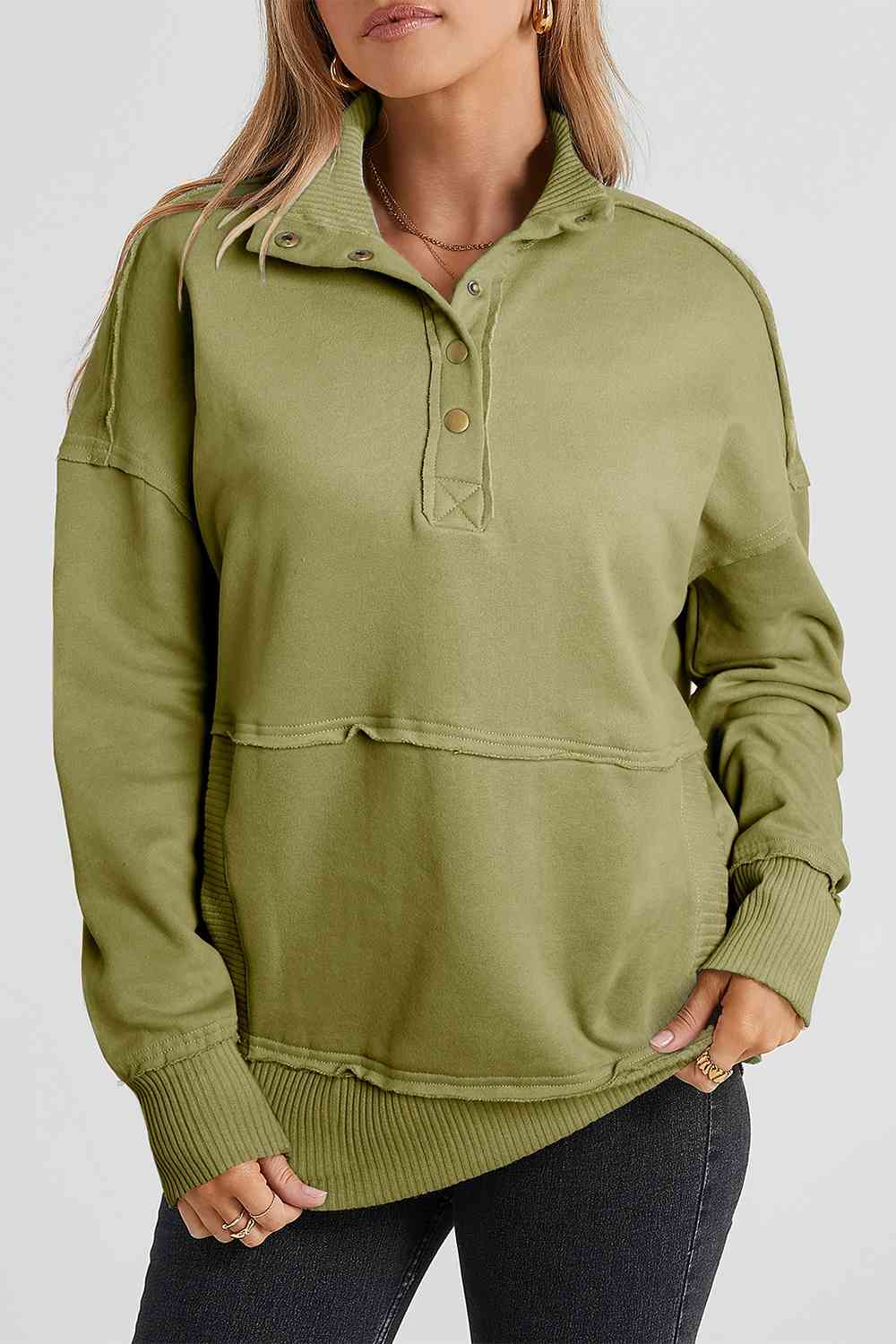 Half Sanp Drop Shoulder Long Sleeve Sweatshirt