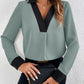 Contrast Trim V-Neck Long Sleeve Blouse