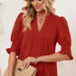 Smocked Flounce Sleeve Notched Neck Blouse