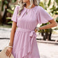 Round Neck Flutter Sleeve Belted Dress