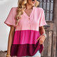 Color Block Notched Neck Tiered Short Sleeve Blouse