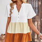 Color Block Notched Neck Tiered Short Sleeve Blouse