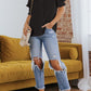 Smocked Flounce Sleeve Notched Neck Blouse