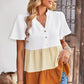 Color Block Notched Neck Tiered Short Sleeve Blouse
