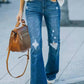 Button Fly Distressed Wide Leg Jeans