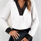 Contrast Trim V-Neck Long Sleeve Blouse
