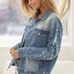 BiBi Pearl Detail Distressed Button Up Denim Jacket