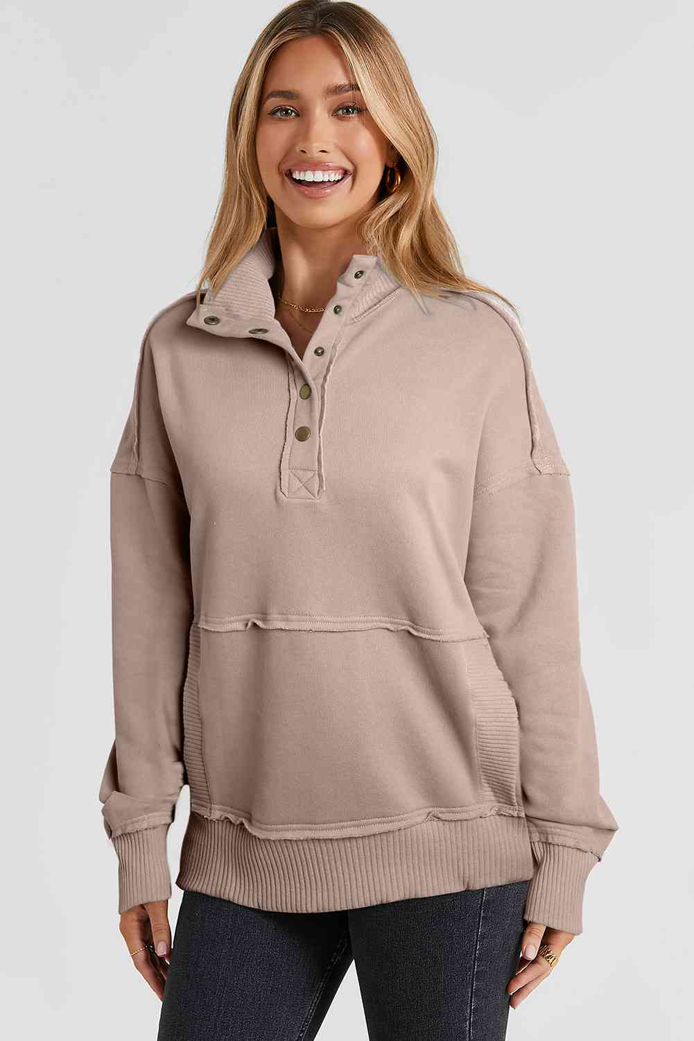 Half Sanp Drop Shoulder Long Sleeve Sweatshirt
