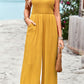 Frill Trim Tie Shoulder Wide Leg Jumpsuit with Pockets