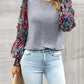 Round Neck Contrasting Color Printed Lantern Sleeve Top
