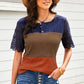 Color Block Spliced Lace Buttoned Tee