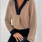 Contrast Trim V-Neck Long Sleeve Blouse