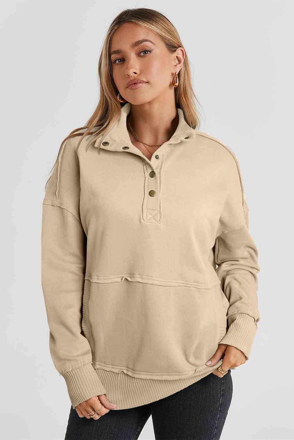 Half Sanp Drop Shoulder Long Sleeve Sweatshirt