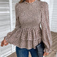 Printed Round Neck Smocked Flounce Sleeve T-Shirt