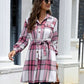 Plaid Belted Collared Neck Button Up Jacket